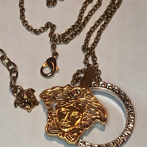 VERSACE Medusa Touch Two-Tone Logo Pendant Necklace - Picture 2 of 5